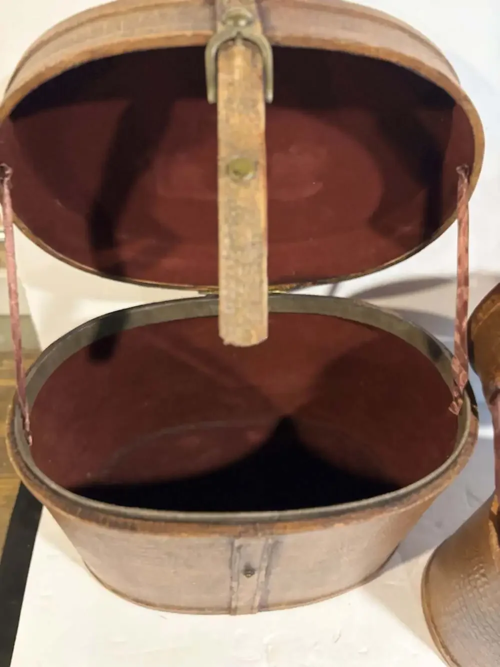 Vintage Oval Leather Hat Box with Brass Buckle and Burgundy Lining